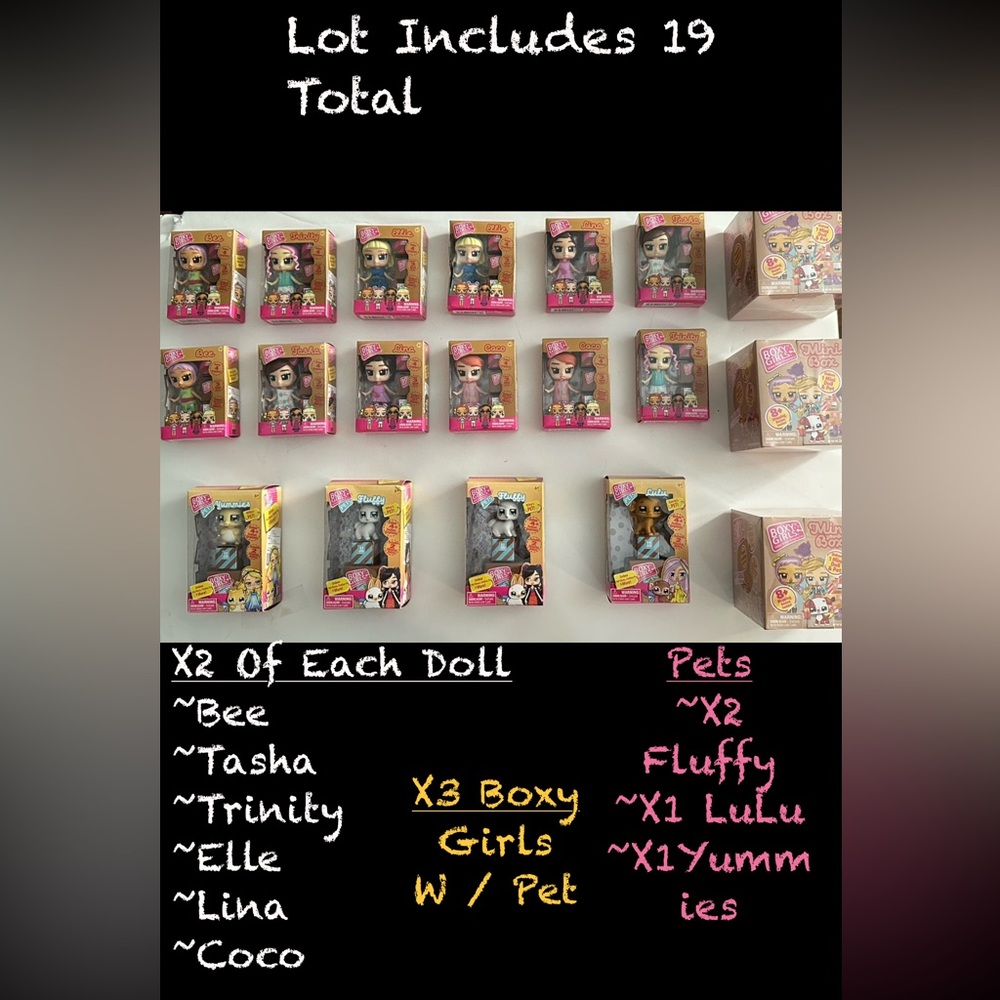 Boxy Girls Mini's  Lot Of 19 Pets + Boxy Dolls Surprises By 
JUST PLAY Sealed
